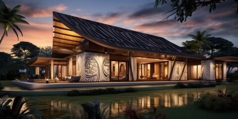 Fototapeta premium This resort and a central social area, complete with a pool, terraces, and meandering pathways through the garden. Surrounded by breathtaking forests and offering stunning mountain vistas.