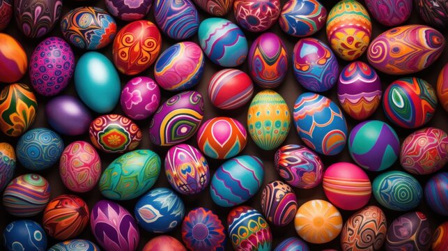 Colorful many easter eggs pattern on top view. AI generated image