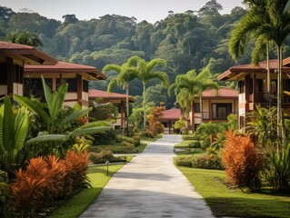 Fototapeta premium This resort and a central social area, complete with a pool, terraces, and meandering pathways through the garden. Surrounded by breathtaking forests and offering stunning mountain vistas.