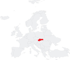 Fototapeta premium Red CMYK national map of SLOVAKIA inside gray blank political map of European continent on transparent background using Robinson projection