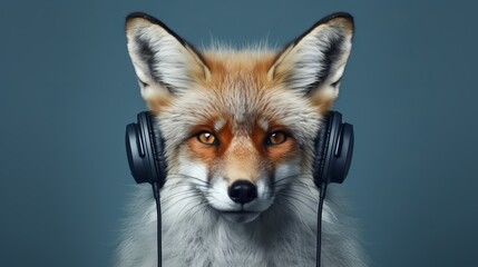 Trendy Fox in Sleek Wireless Headphones on Solid Background with Ample Space for Captivating Text