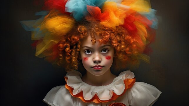 Portrait a girl wearing clown with wig costume and make up. AI generated image