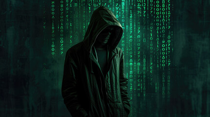Shadowy figure in a hooded jacket standing against a backdrop of digital data code