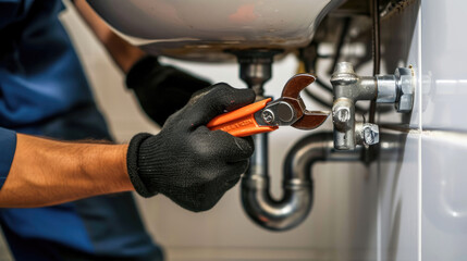 Plumber's hands using an pipe wrench to work on the chrome P-trap under a white sink