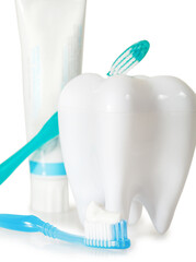 Fototapeta na wymiar Tooth brushes with mint, tooth paste and dental floss isolated on white