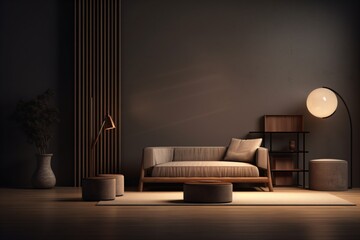 A conceptual and modern living room with dim lighting and luxurious home decor - obrazy, fototapety, plakaty
