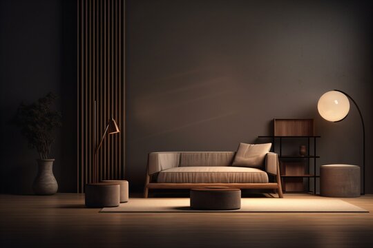 A conceptual and modern living room with dim lighting and luxurious home decor