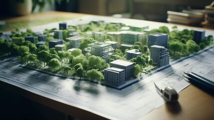 Sustainable eco house blueprint was placed on meeting table with architectural paper work scatter around during skilled architect discussion about green design of green city. Closeup 