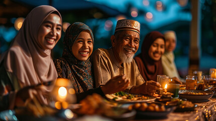Muslims family breaking their fast during Ramadan, family at dinner - obrazy, fototapety, plakaty
