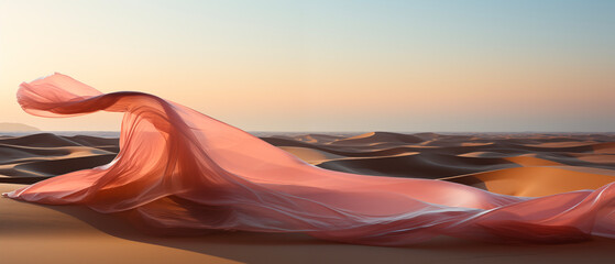 On background Ocean, sandy beach and very large fabric, transparent fabrics with draping and flying pastel tones, soft blue and pink color fabric. - obrazy, fototapety, plakaty