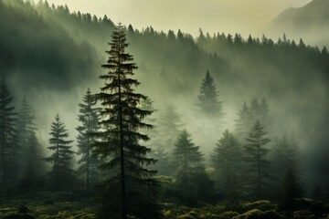 Fototapeta premium Misty landscape with fir forest in hipster vintage retro style