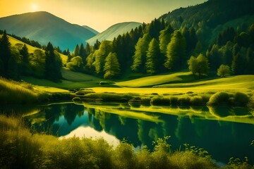 Mountain, Hill, Landscape, Beautiful Wallpaper, Water, Green, Blue, Green, Grass, Tree, Blue Sky, Yellow, Pond, Lake, River, Large, Full HD, 4k, 8k, Large image, Nice Photography. 