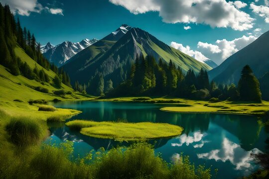 Mountain, Hill, Landscape, Beautiful Wallpaper, Water, Green, Blue, Green, Grass, Tree, Blue Sky, Yellow, Pond, Lake, River, Large, Full HD, 4k, 8k, Large image, Nice Photography.

