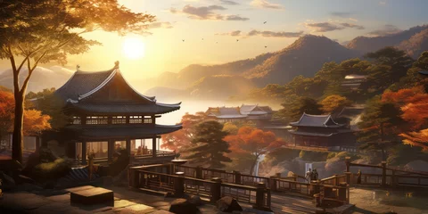 Rolgordijnen Visualize a traditional China during the peak of its prosperity, with a radiant sunbeam piercing through, creating a vivid and photorealistic scene that transports you to a bygone era. © Nattadesh