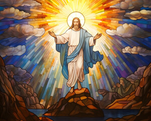 The resurrected Jesus Christ ascending to heaven. God, Heaven and Second Coming concept