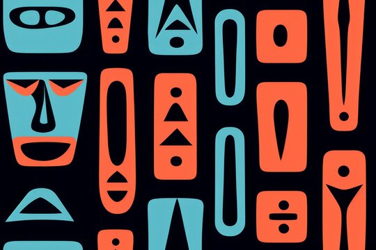Seamless Background. Tribal Seamless Background with Ritual Masks for Print or Card. Ethnic Seamless Background with Color Trible Ritual Masks for your Design