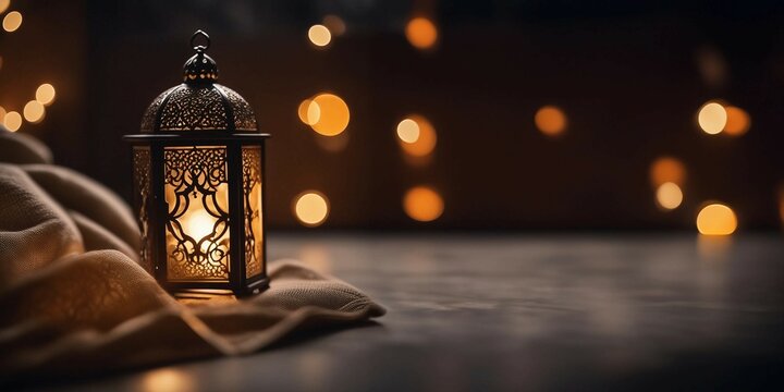 Ornamental Arabic lantern with burning candle glowing at night. Festive greeting card, invitation for Muslim holy month Ramadan Kareem.