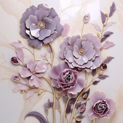 Elegant Pietra dura blooms in lavender shades reflect on marble, their soft tones creating a serene and peaceful ambiance in the stone.