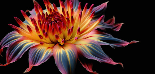 A brilliantly colored exotic flower set against a deep black background.