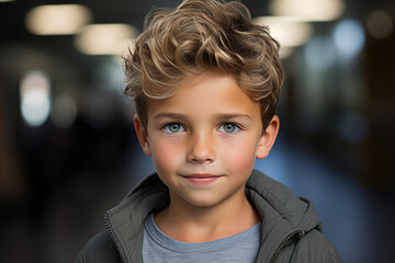 Young smiling boy. Image of smiling child. AI. - obrazy, fototapety, plakaty