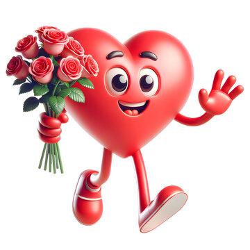 Happy 3D Heart Character with Roses in hand. 1930s Groovy Retro Cartoon Style Character Isolated on a Transparent Background.