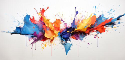 A burst of colorful paint splatters frozen in mid-air against a white canvas.