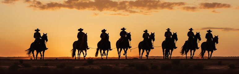 Panorama view of 8 cowboys riding a horse with sunset background, only silhouette visible. Generative AI