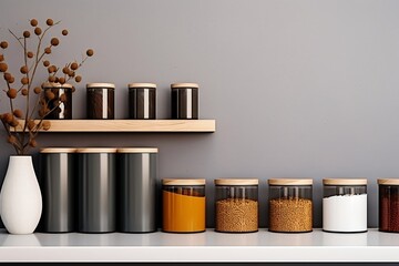Kitchenware glass jars and containers organized in the shelf