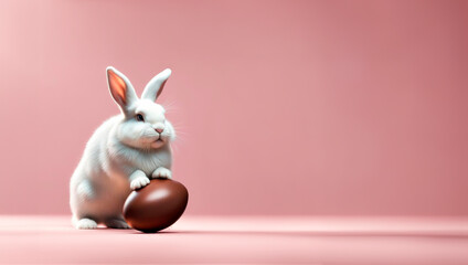 Easter rabbit with easter chocolate egg on pink background. Copy space for text