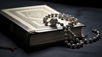 Closeup a holy quran arabic texy with rosary beads on dark background. Generate AI image