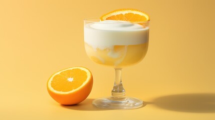 A glass of orange cocktail or smoothie on an orange background. A nutritious breakfast or snack. Ripe oranges are lying nearby.