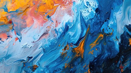 Abstract background of acrylic paint in blue, orange and yellow tones. - obrazy, fototapety, plakaty
