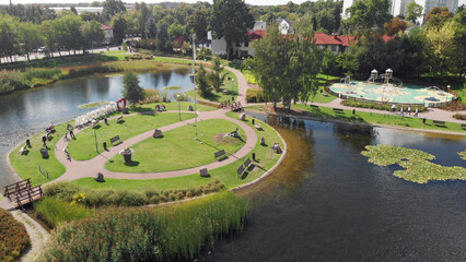 Park w Grodzisku Mazowieckim z lotu ptaka latem/Aerial view of park in Grodzisk Mazowiecki in summer, Mazovia, Poland