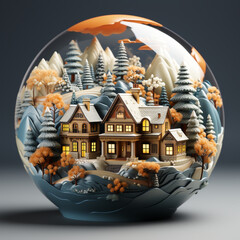 One snow globe containing some buildings and tree