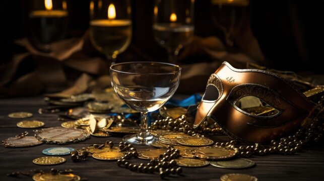 Carnival golden mask with coins and wine glass on dark background. AI generated image