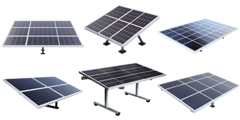 Set of solar panels or solar cells for health clean energy and environment isolated on transparent png background, Photovoltaic solar traps, green energy concept.