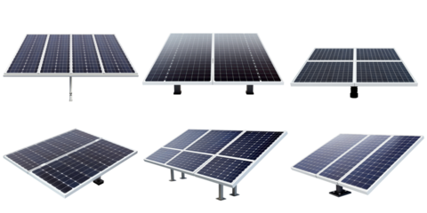 Set of solar panels or solar cells for health clean energy and environment isolated on transparent png background, Photovoltaic solar traps, green energy concept.