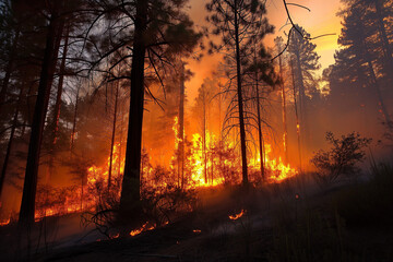 Forest fire flames spreading rapidly with trees catching alight, illustrating global warming and climate change, extreme weather
