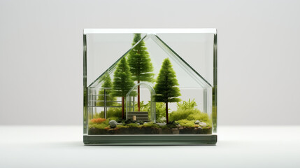 Eco House In Green Environment Earth Day, Miniature House on Grass and glass. grass with sunlight abstract background, Isolated background, Generative Ai