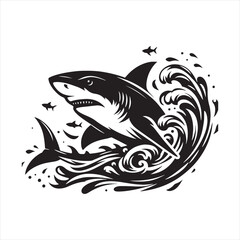 Stellar Sentinel: Watchful Shark Silhouette Guarding Celestial Serenity - Shark Black Vector Stock
