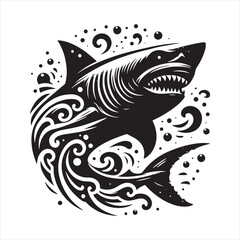 Abyssal Aviator: Shark Silhouette Soaring in Deep Galactic Skies - Shark Black Vector Stock
