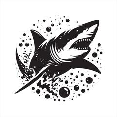 Stellar Siren: Shark Silhouette Singing the Song of the Stars - Shark Black Vector Stock
