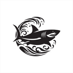 Lunar Lurker: Shark Silhouette in the Mystical Depths of Night - Shark Black Vector Stock
