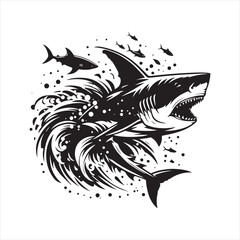 Celestial Fins: Ethereal Shark Silhouette Dancing with the Stars - Shark Black Vector Stock

