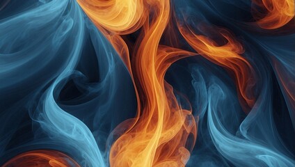 Dramatic abstract composition of light and dark blue swirls with fiery orange accents, suggesting a...