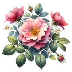 Dog-rose flower with leaves watercolor paint