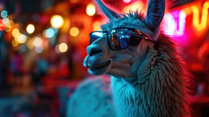 Selbstklebende Fototapeten A close up of a llama wearing sunglasses © Friedbert