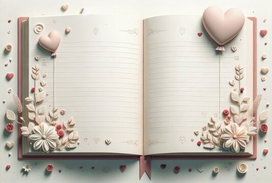 Romantic Valentine's Day themed image backgrounds an open book with 3D heart balloons and flowers popping out from the pages, creating a whimsical Valentine's Day theme. with copy space.