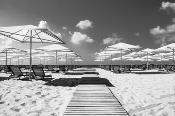 Black and White photo. Beautiful tropical scenery. Loungers, umbrella. Sea. Resort hotel. Rows of...