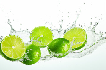 Lime slices in water with splashes on a white background, space for text